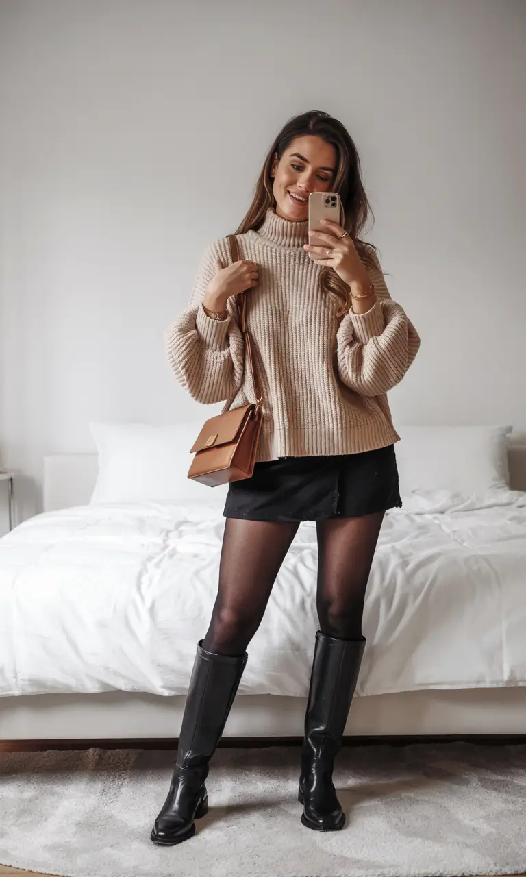 everyday fall outfits 2025 Mini Skirt and Boots with a Cozy Twist