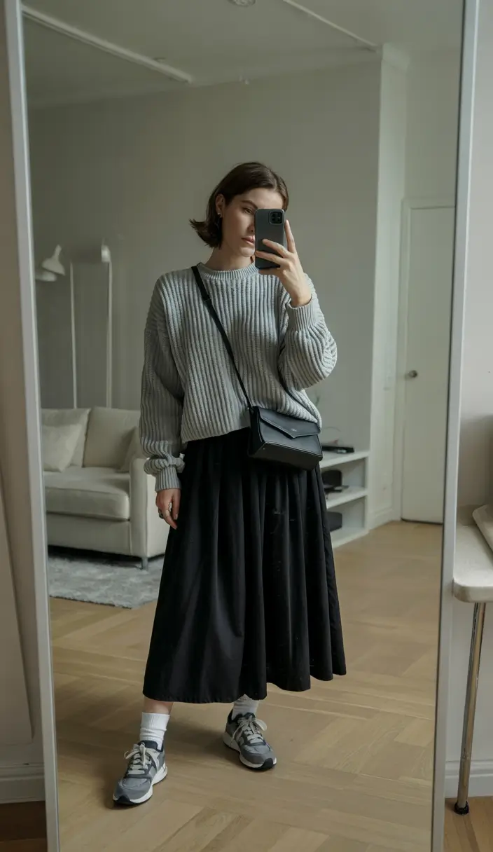 everyday fall outfits 2025 Midi Skirt and Sneakers Balance