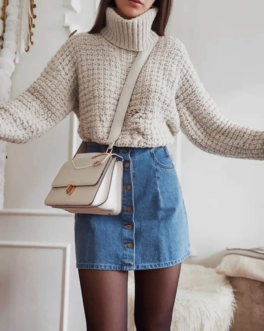 everyday fall outfits jeans Cozy Knit with Denim Skirt