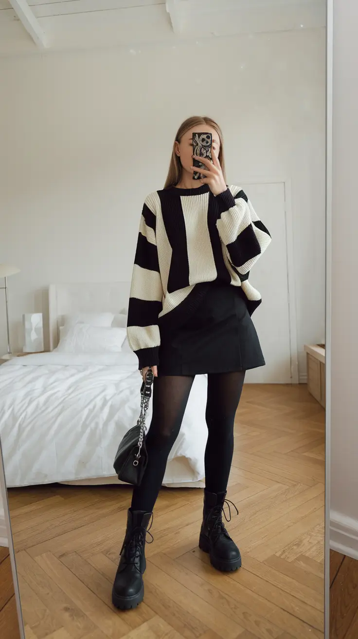 everyday fall outfits 2025 Bold Stripes and Mini Skirt Energy