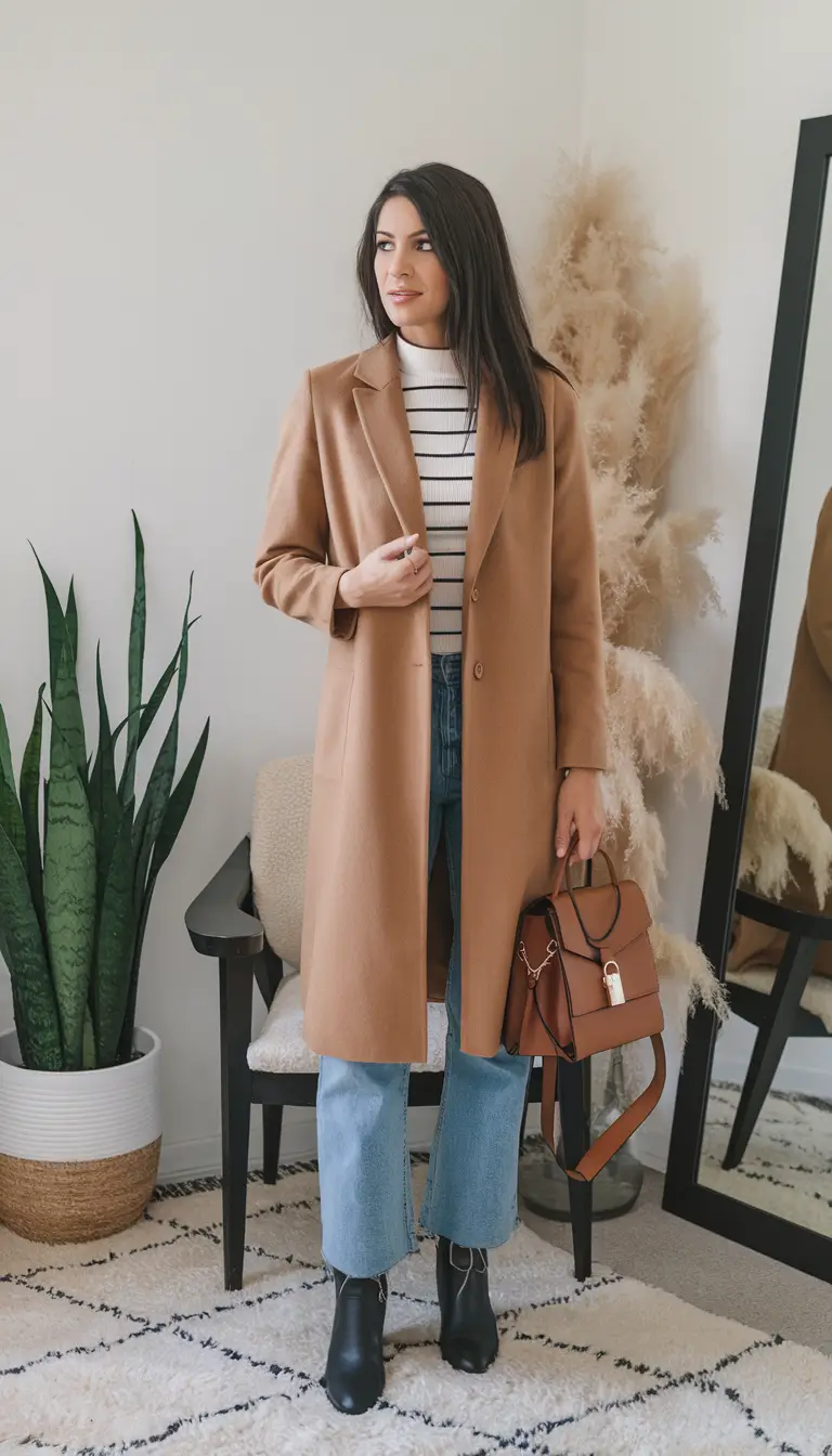 everyday fall outfits jeans Classic Camel Coat with Stripes