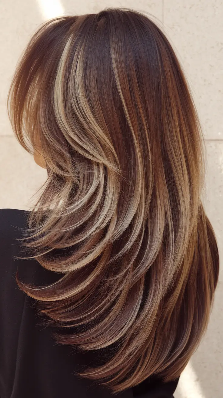 fall and winter hair color 2025 2026 Layered Brunette with Honey Highlights