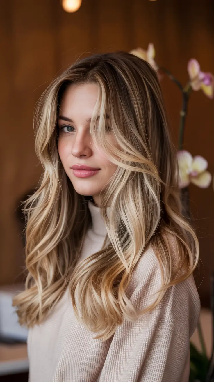 fall and winter hair color 2025 2026 Soft Champagne Blonde with Layers