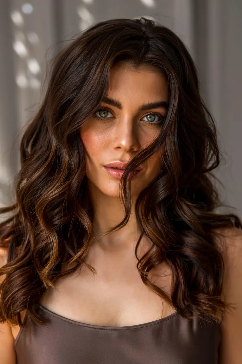 fall and winter hair color ideas 2025 Glossy Brunette with Subtle Light Play