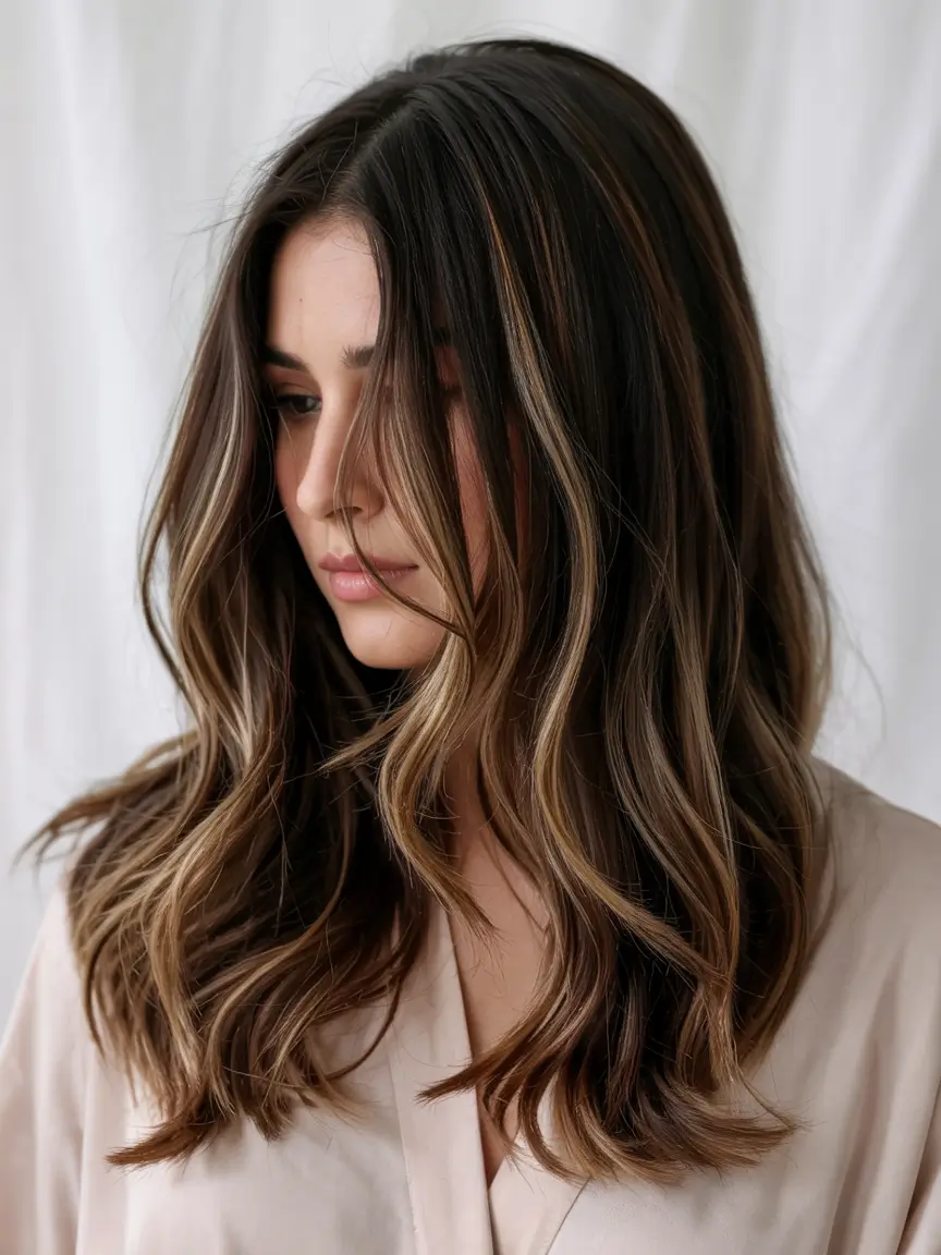 fall and winter hair color ideas 2025 Dark Base with Fine Golden Threads