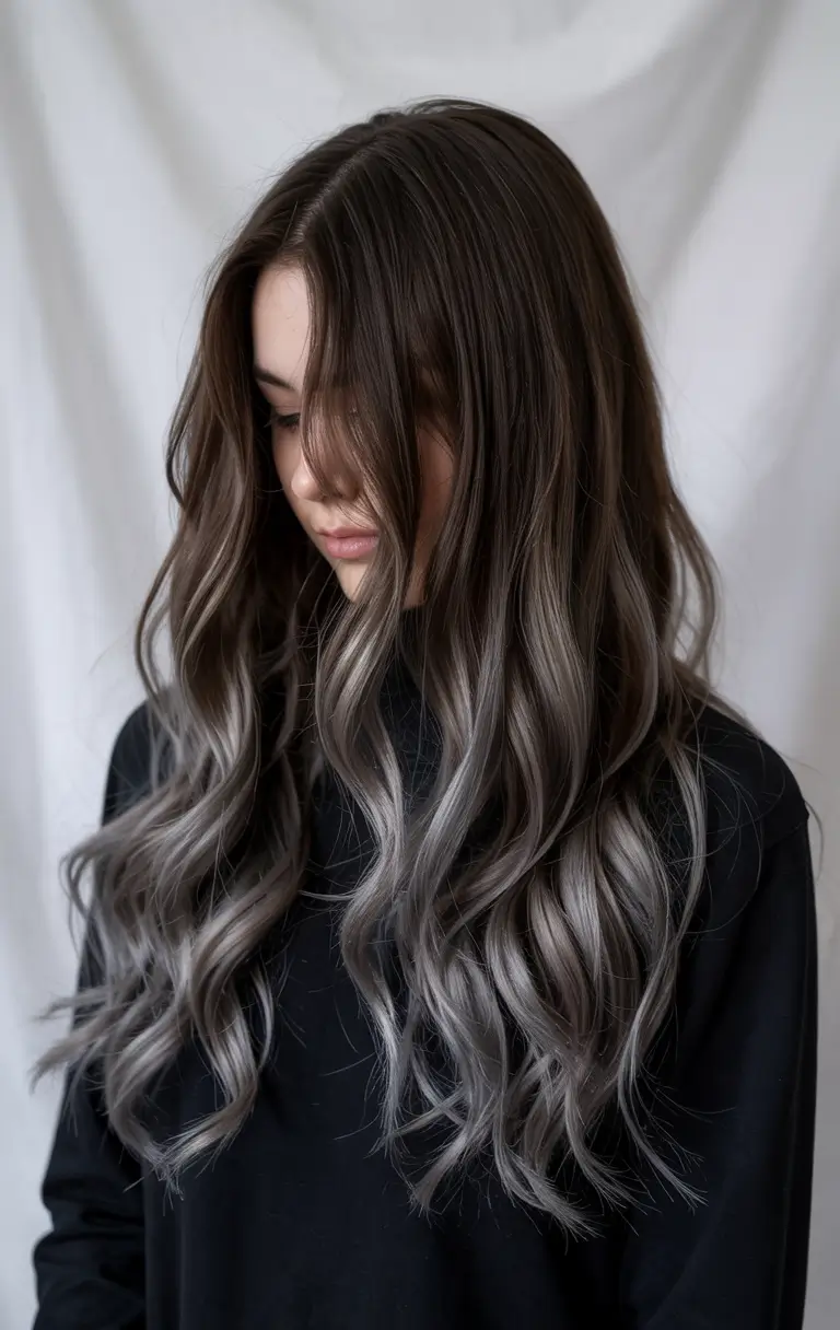 fall and winter hair color ideas 2025 Smoky Silver Ombre on Dark Roots