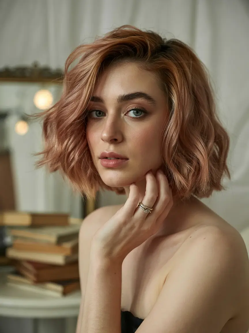 fall and winter hair color ideas 2025 Rose Gold Textured Bob