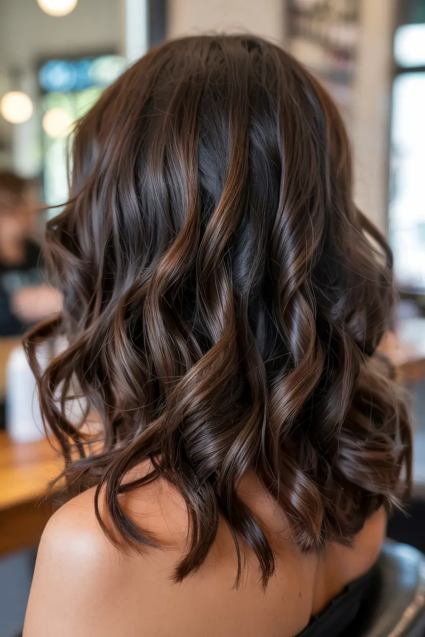 fall and winter hair color ideas 2025 Rich Chocolate Curls with Subtle Dimension