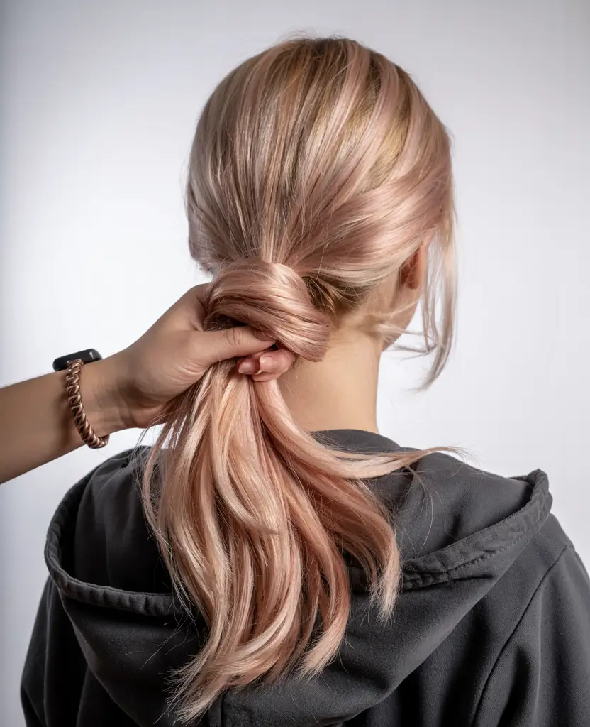fall and winter hair color 2025 2026 Soft Rose Gold Ponytail