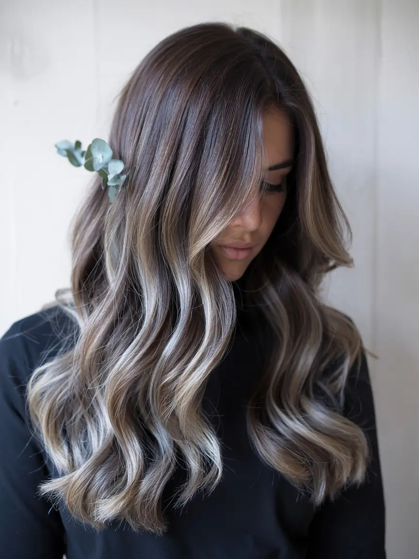 fall and winter hair color 2025 2026 Dimensional Smoky Brunette with Silver Ribbons