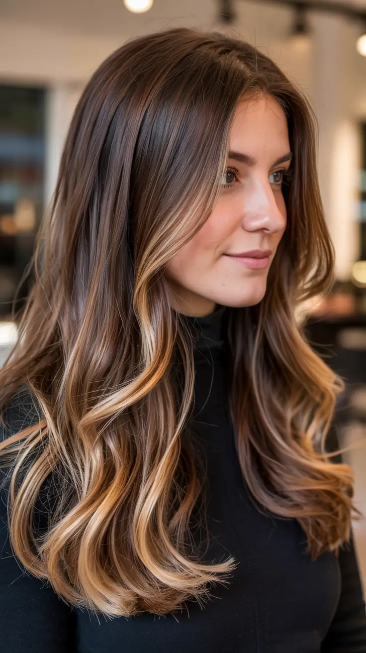fall haircuts long hair Long Waves with Golden Face-Framing Strands