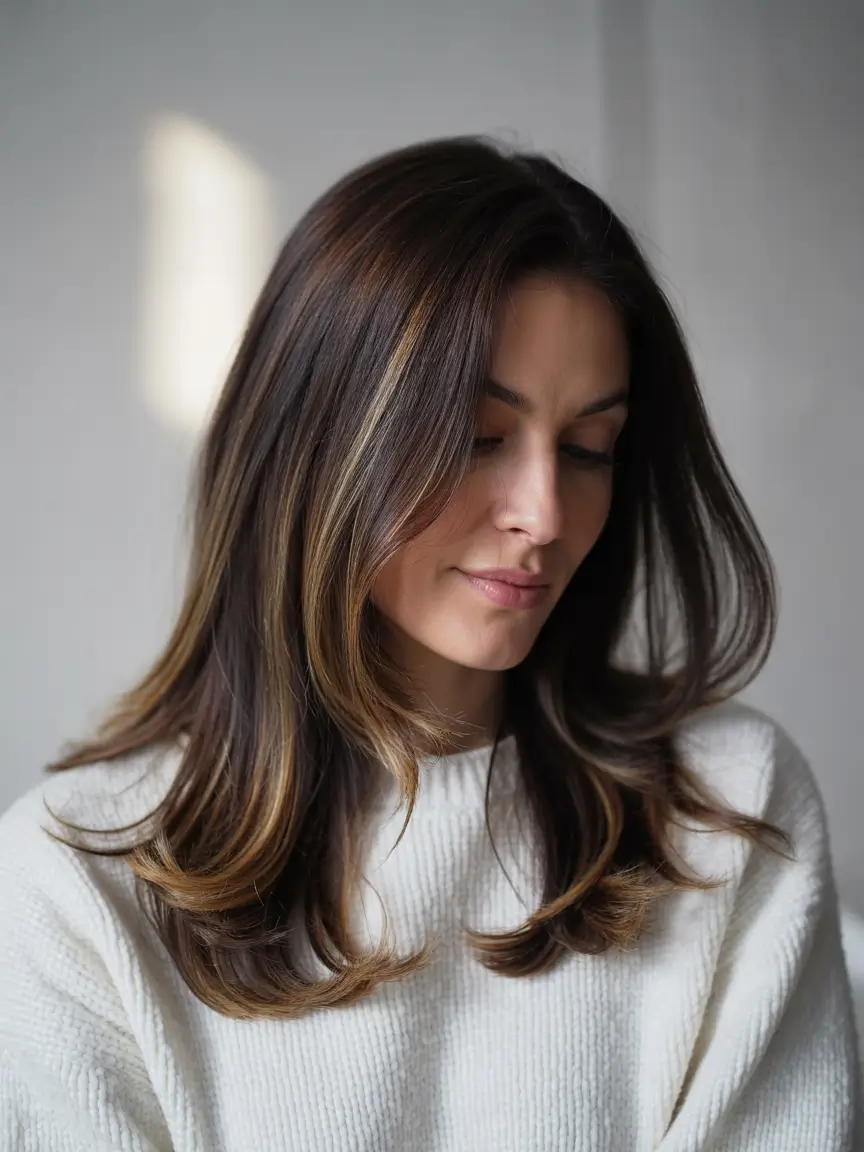 winter haircuts 2025 medium Sleek Mid-Length Layers with Gloss Finish