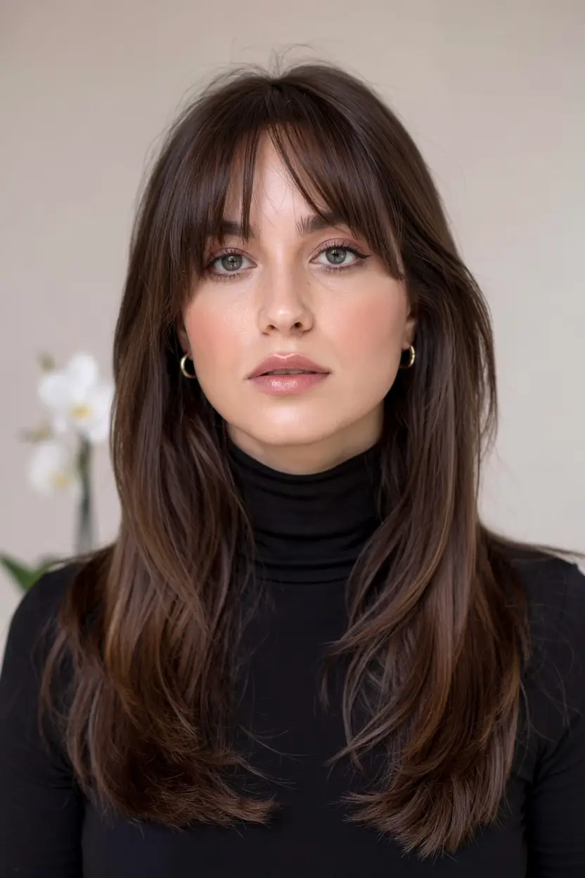 fall haircuts for long hair 2025 Glossy Layered Cut with Curtain Bangs