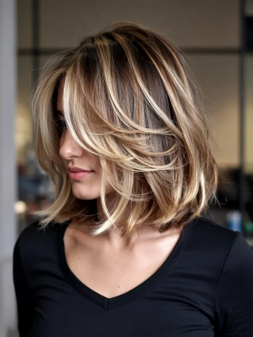 fall haircuts 2025 medium Textured Lob with Blonde Dimension
