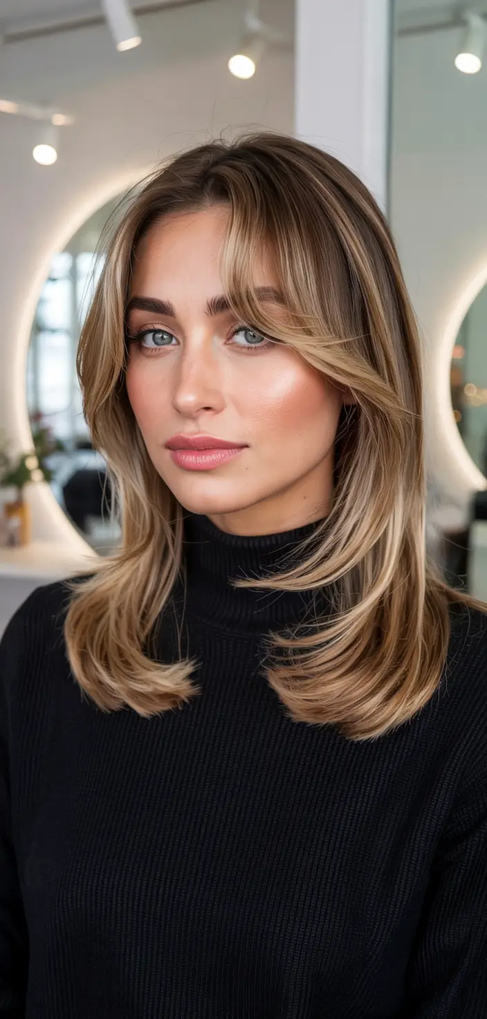 fall haircuts 2025 medium Soft Blonde Layers with Curtain Bangs