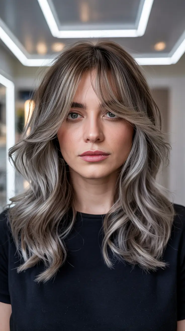 winter haircuts 2025 medium Modern Curtain Bangs with Ashy Dimension