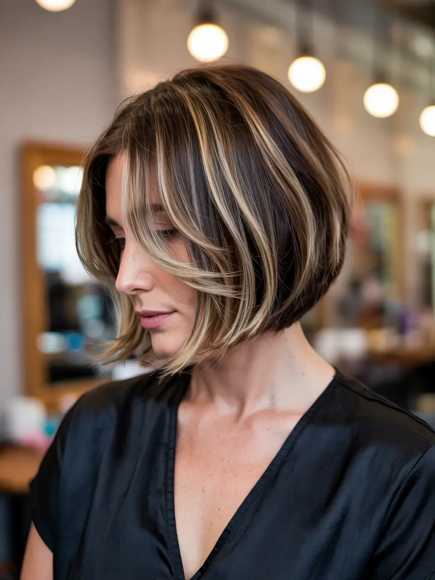 fall haircuts 2025 short Polished Bob with High-Contrast Highlights