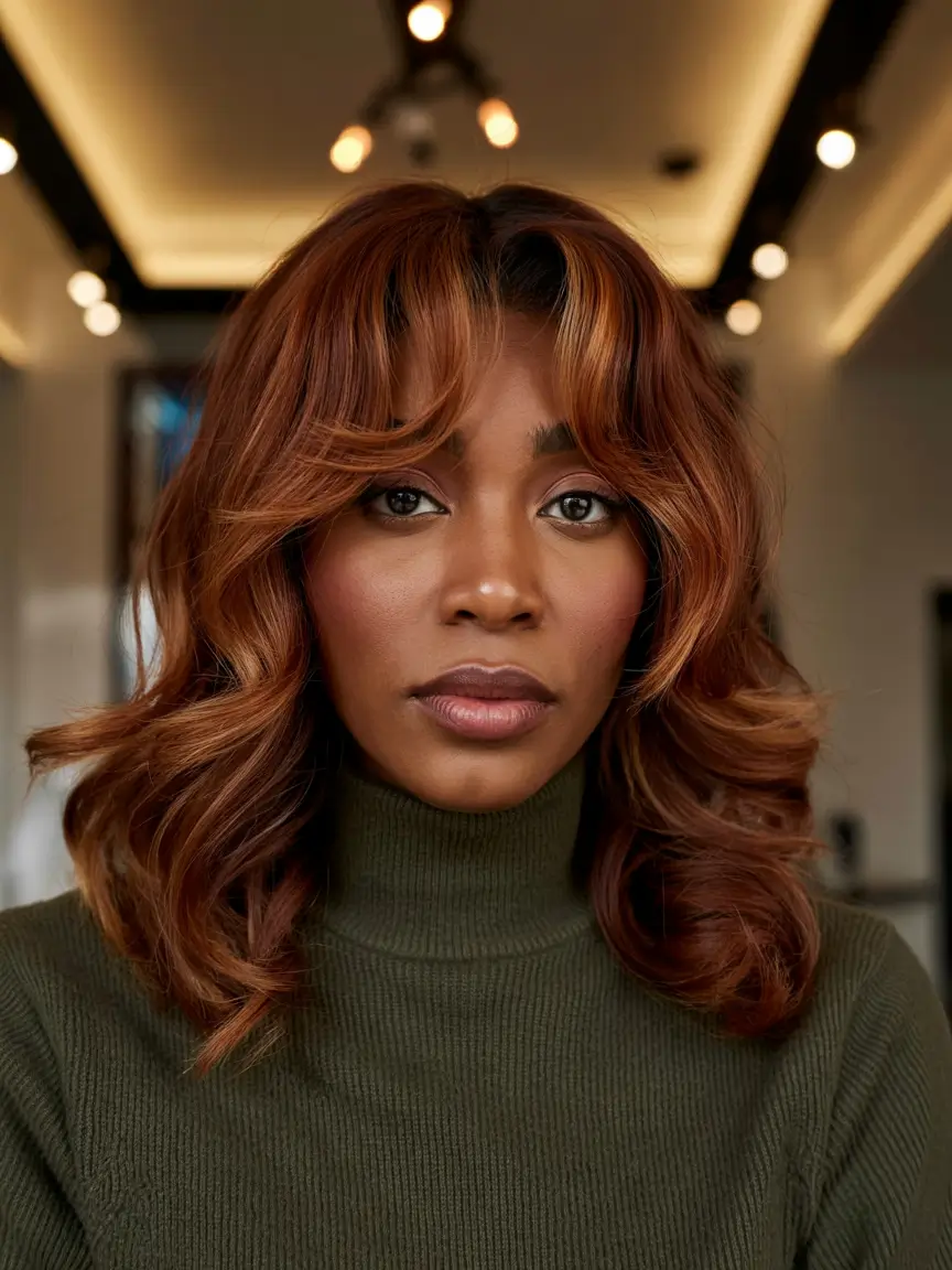 fall hair color ideas Copper Layers With Curtain Bangs