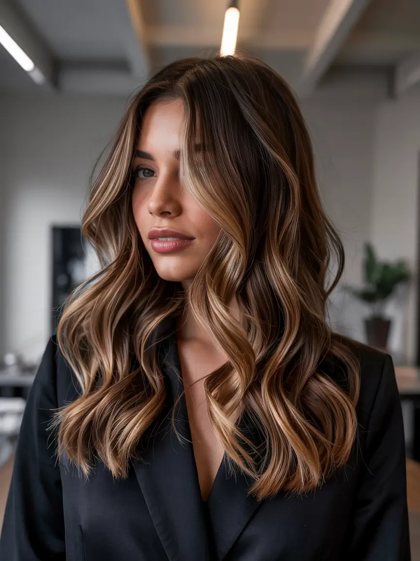 october-hair-color-ideas-Chestnut-Waves-with-Golden-Highlights