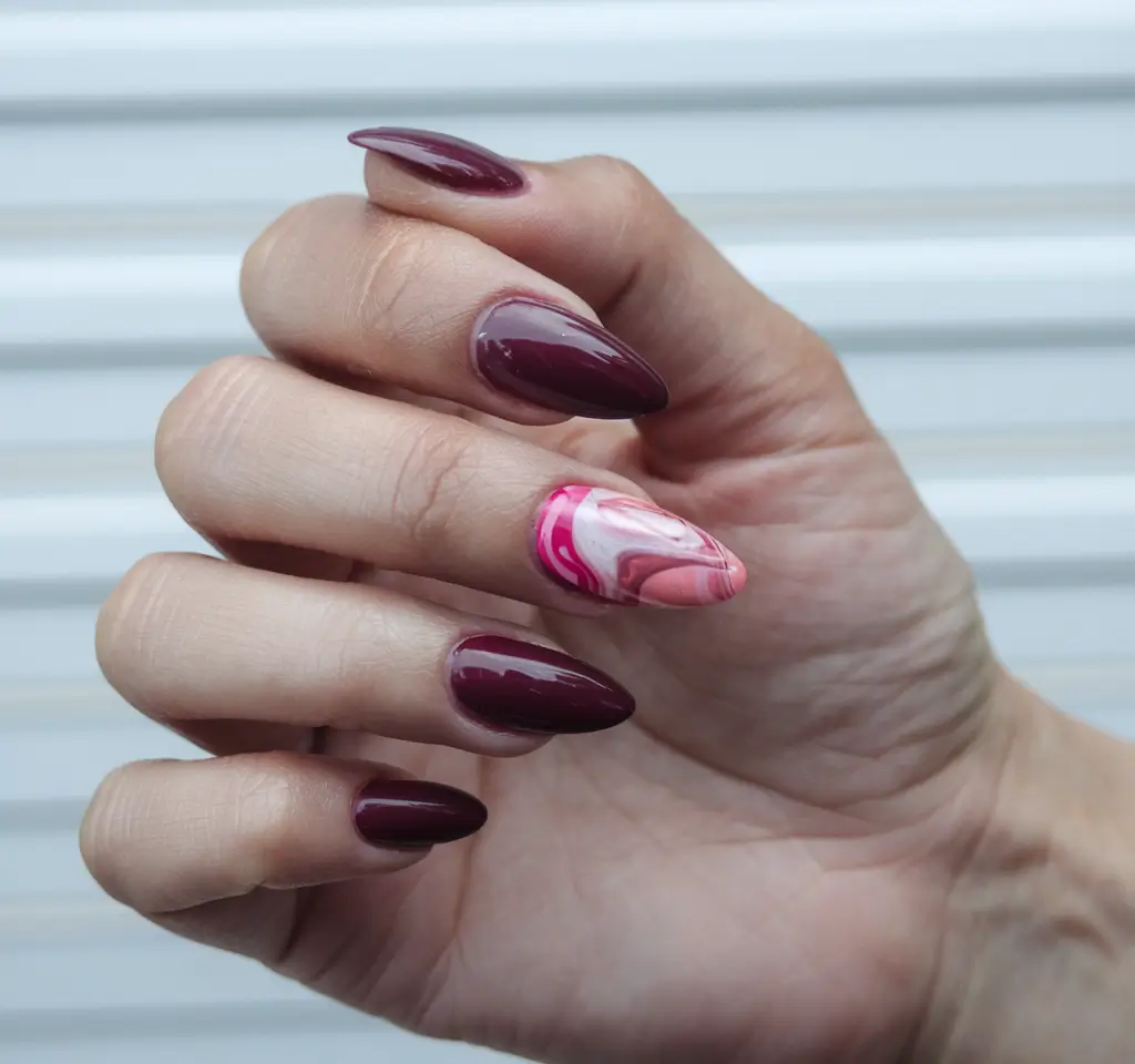 october nails color fall dip burgundy with swirl accent