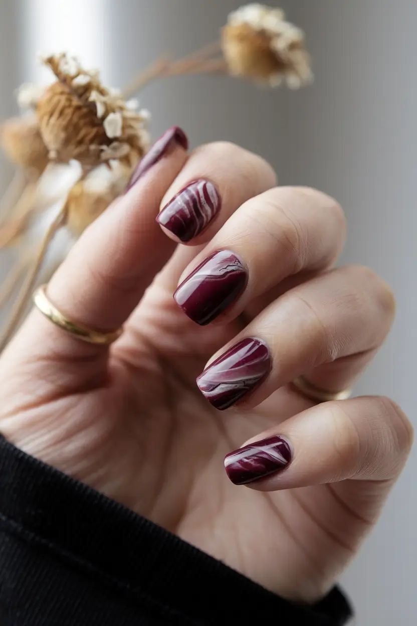 october nails fall one color 2025 Gel polish Ideas Marbled Merlot Chic