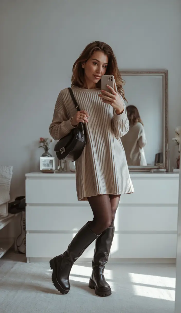 fall fashion outfits 2025 Cozy Knit Dress With Boots