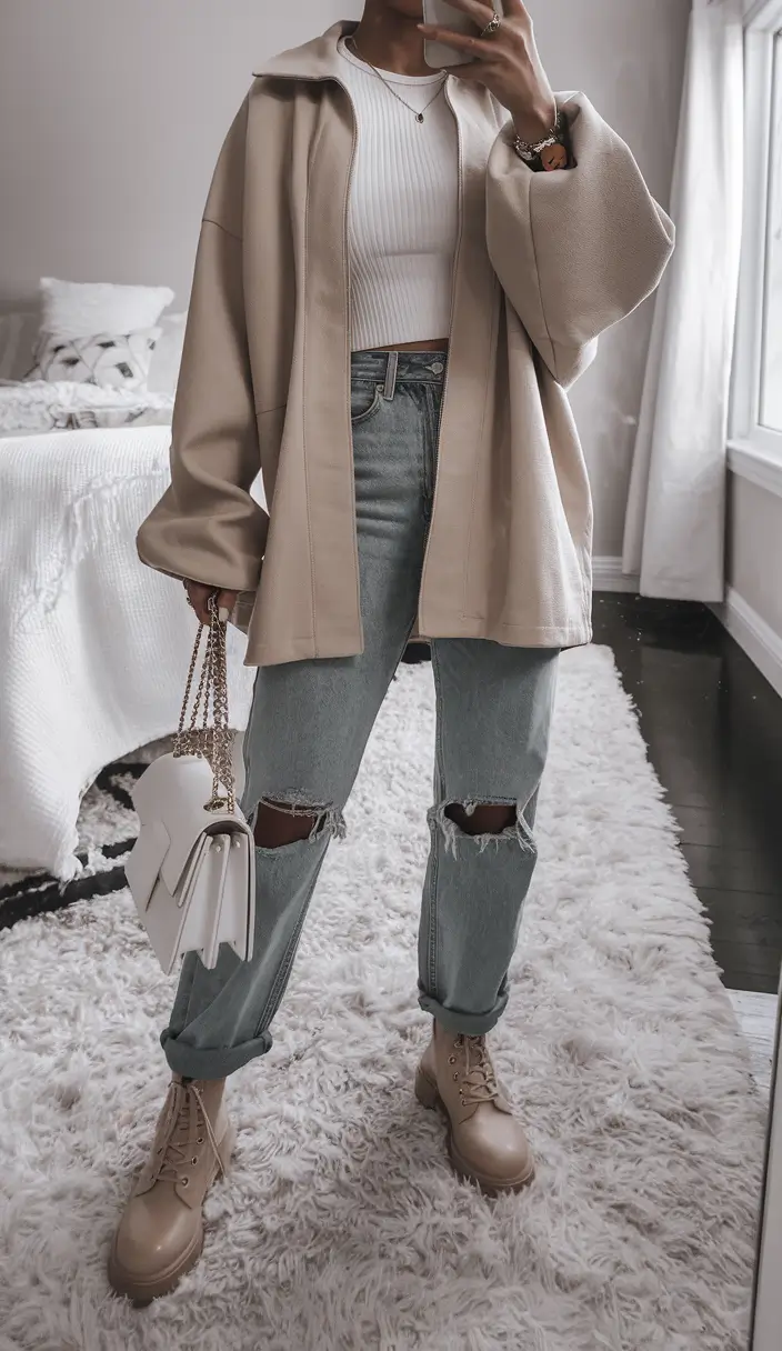 october outfits aesthetic Neutral Layers With Effortless Denim