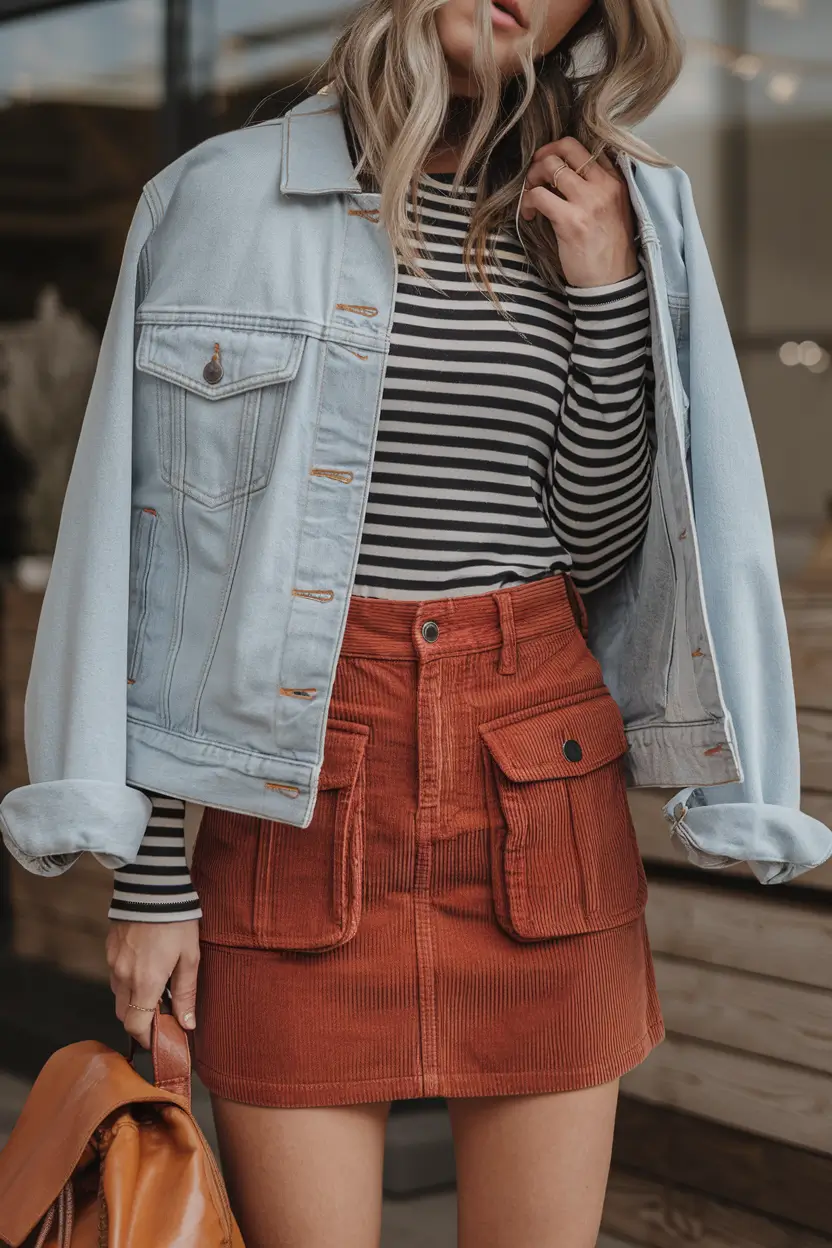 october outfits new york Corduroy Skirt With Denim Twist