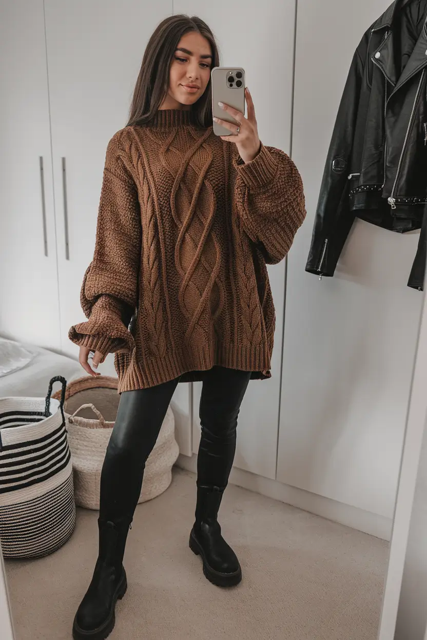 october outfits fall casual Oversized Knit With Sleek Leather