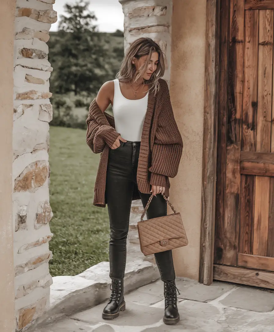 october outfits fall Cozy Cardigan Meets Leather Edge