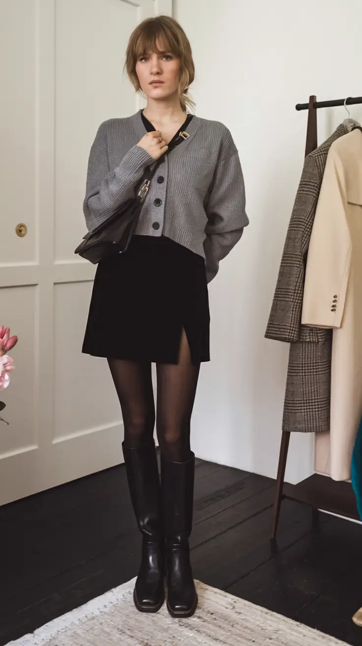 october outfits fall casual Soft Cardigan Meets Structured Boots
