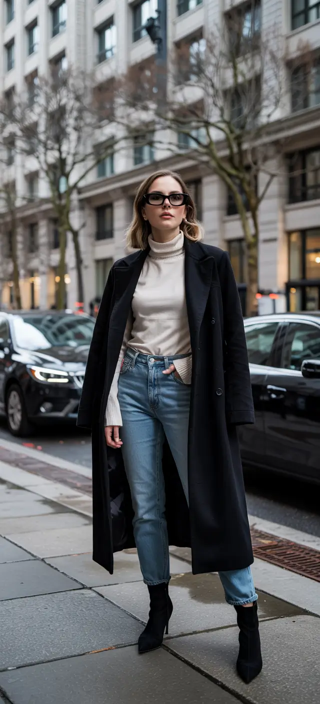 fall winter outfits 2025 Classic Black Coat with Denim and Turtleneck