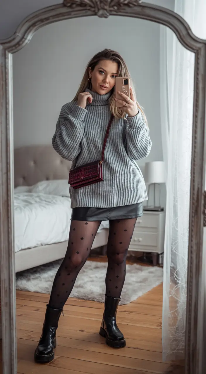 fall winter outfits 2025 Chunky Knit Meets Leather Edge