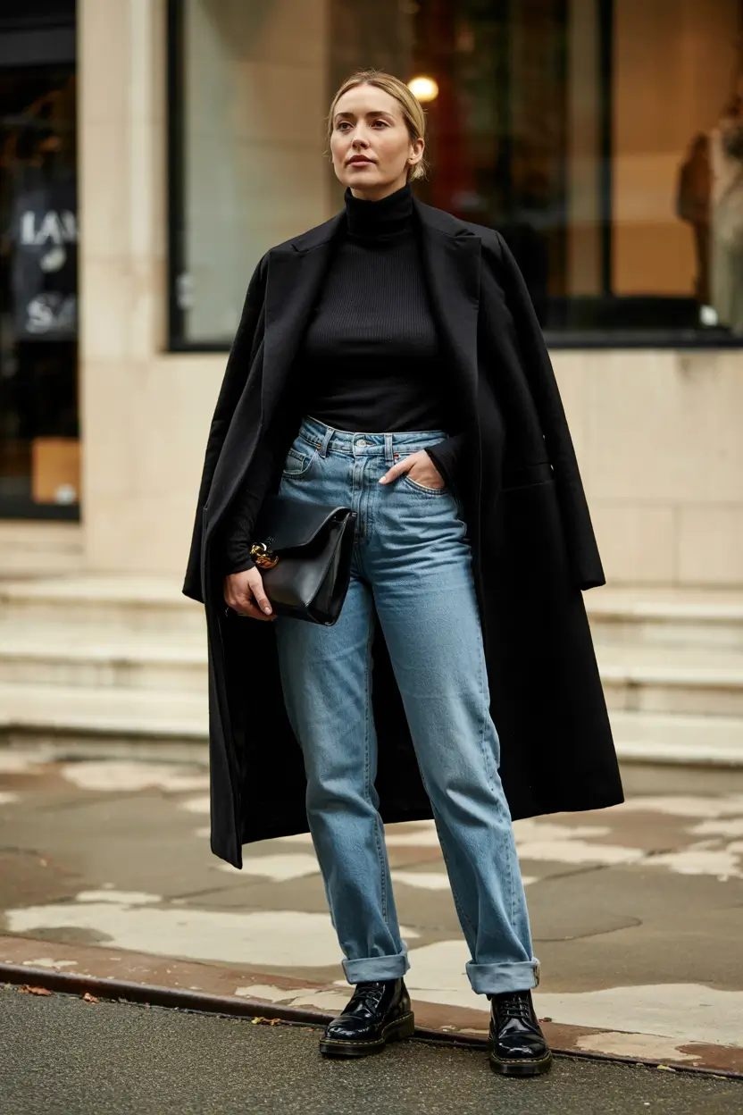 fall winter outfits 2025 Monochrome Black with Denim