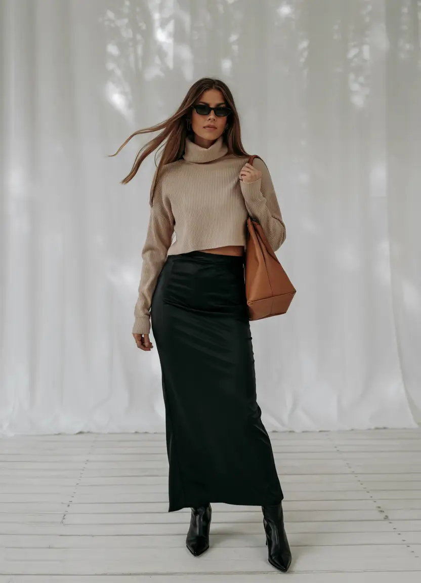 fall winter outfits 2025 Minimalist Knit and Satin Skirt