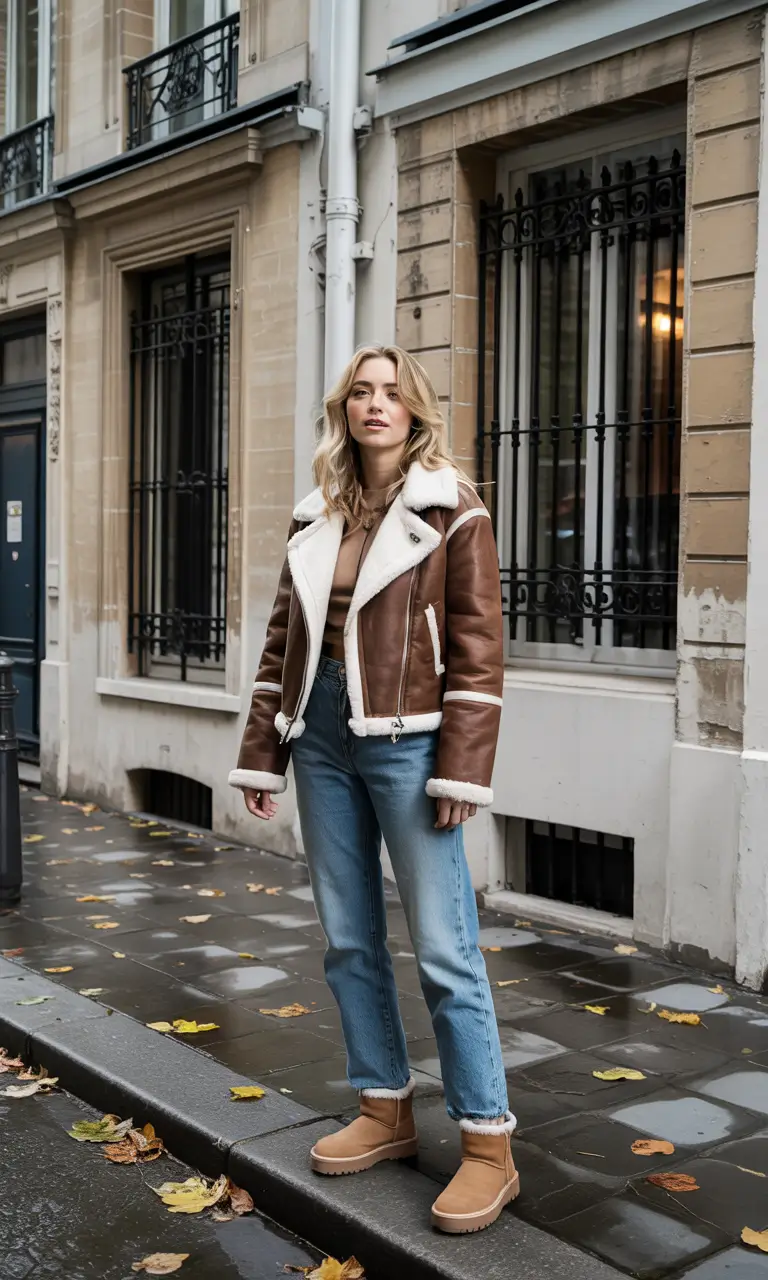 fall winter outfits Shearling Jacket and Denim
