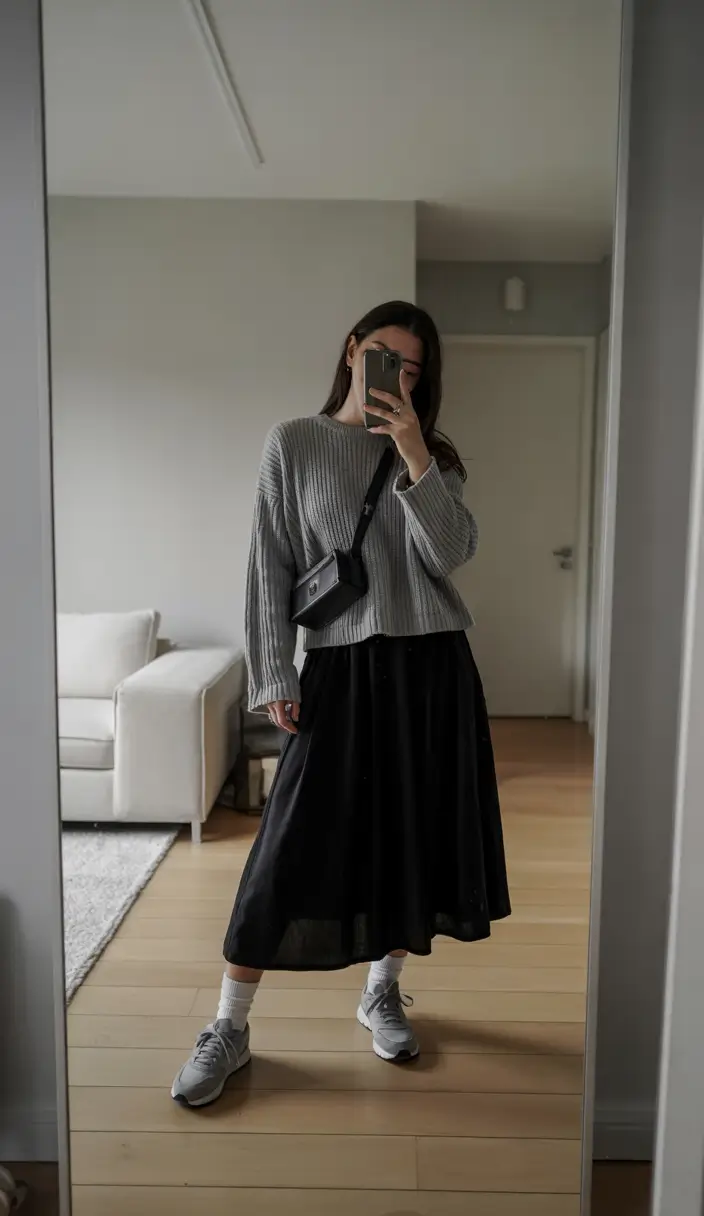 fall winter outfits 2025 Relaxed Knit with Midi Skirt