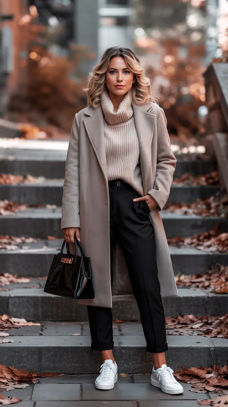 fall winter outfits work office wear Neutral Coat with Tapered Pants