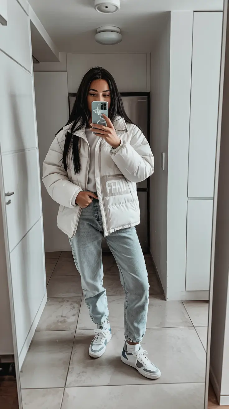 winter fashion inspo casual White Puffer With Denim Ease