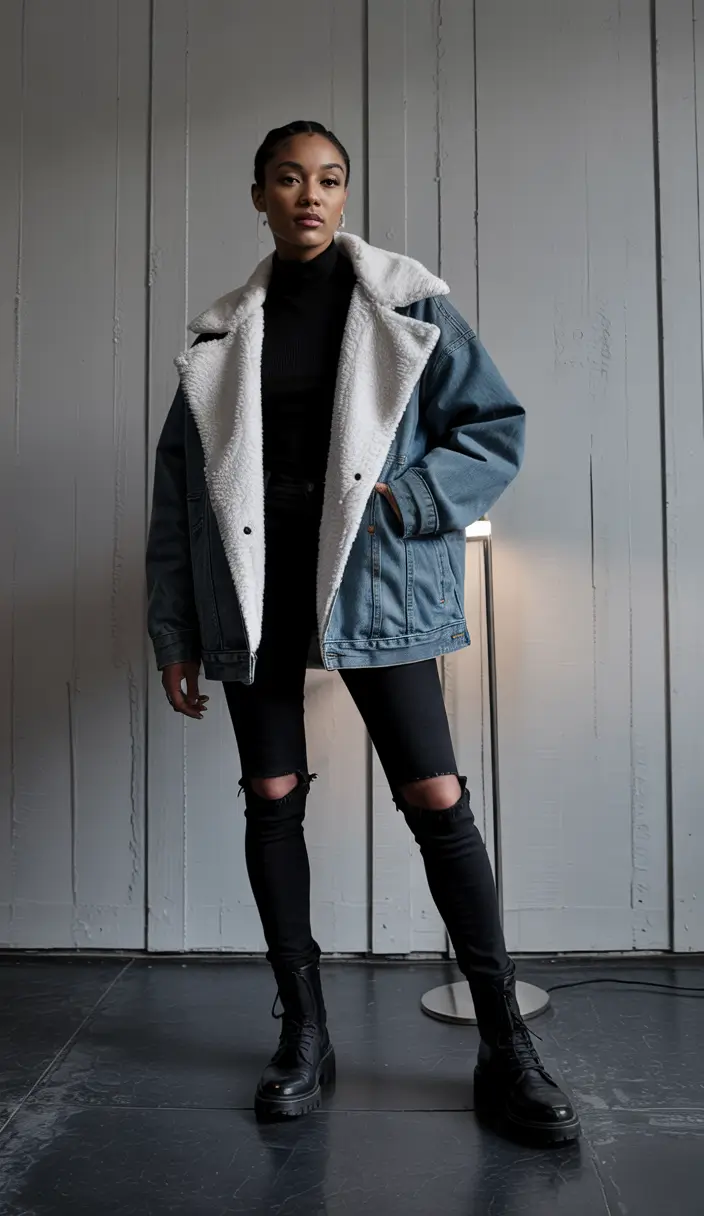 winter fashion inspo outfits Denim and Shearling Rebel