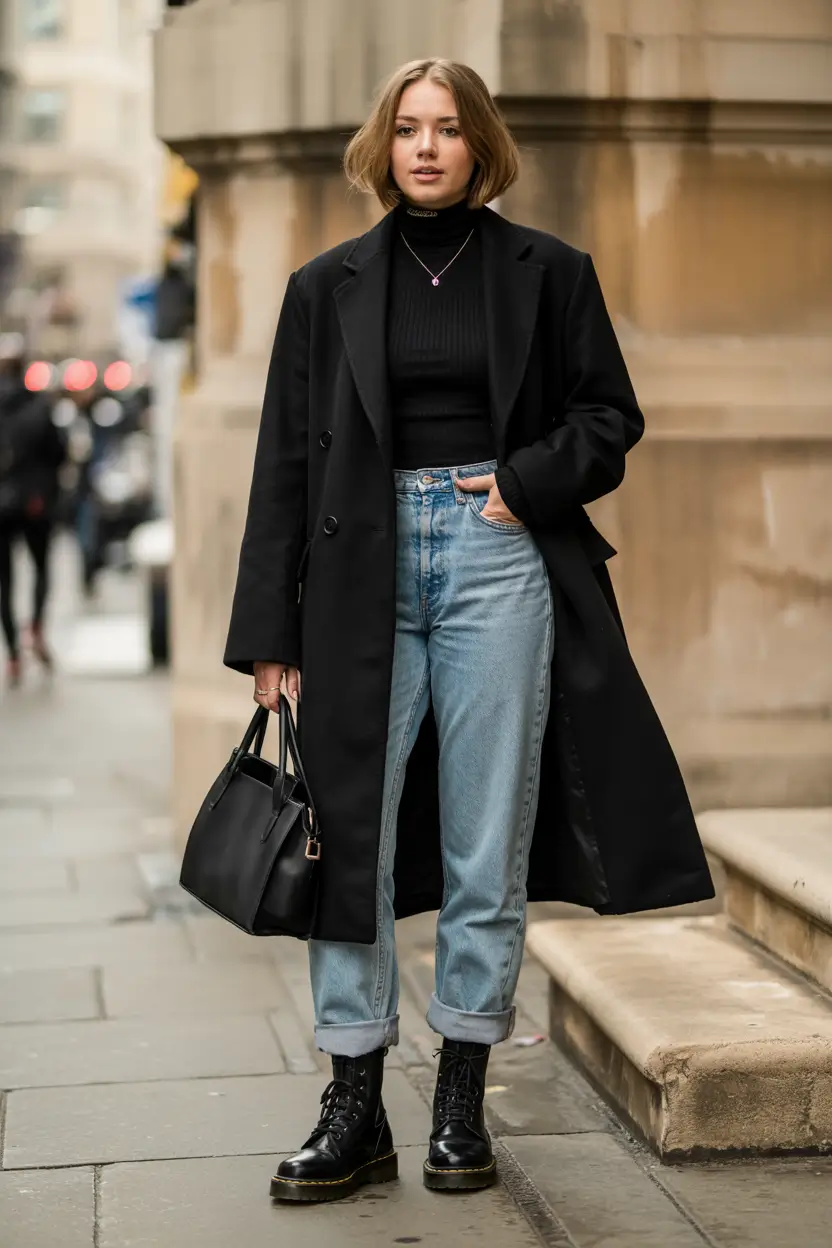 winter fashion inspo casual Denim and Black Elegance