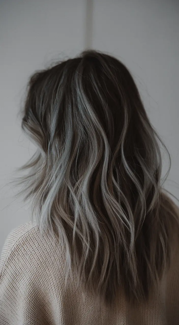 winter hair colors for brunettes with highlights Smoky Brunette Lob with Soft Ash Highlights