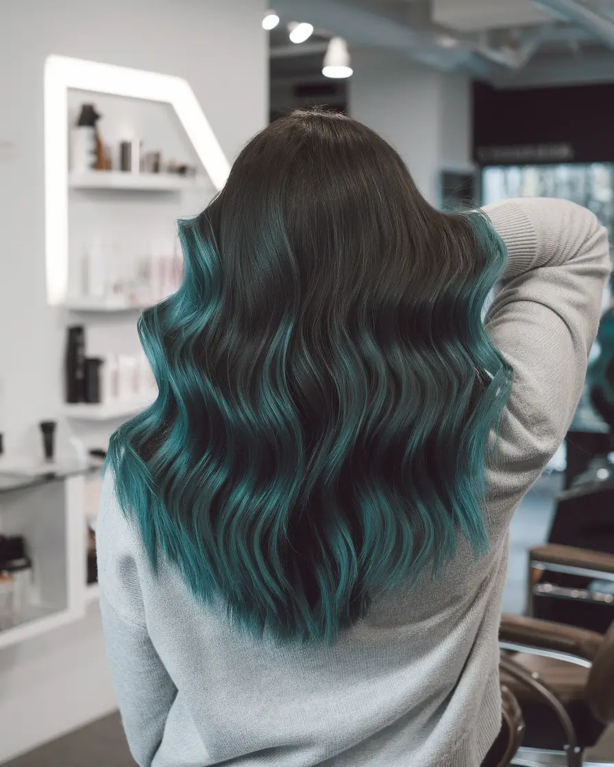 winter hair colors for brunettes with highlights Midnight Teal Waves