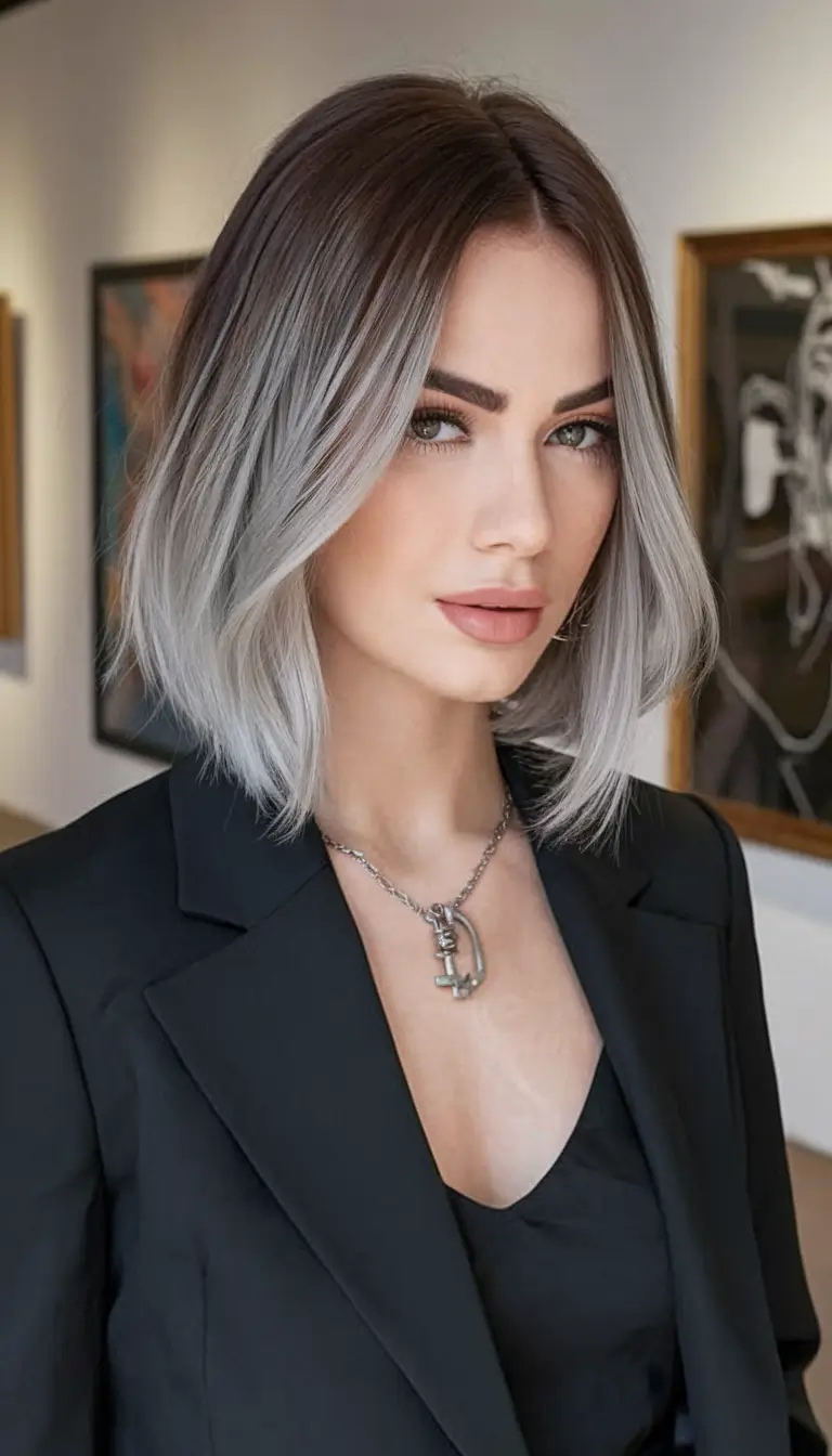 winter hair colors for brunettes with highlights Chic Bob with Icy Ombre Blend