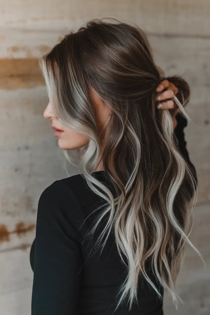 winter hair colors with blonde highlights Long Waves with Ash-Blonde Ribbons