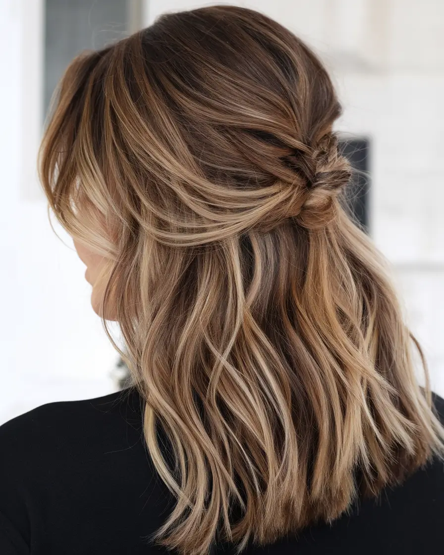 brown hair colors with highlights winter Caramel Balayage on Medium-Length Waves