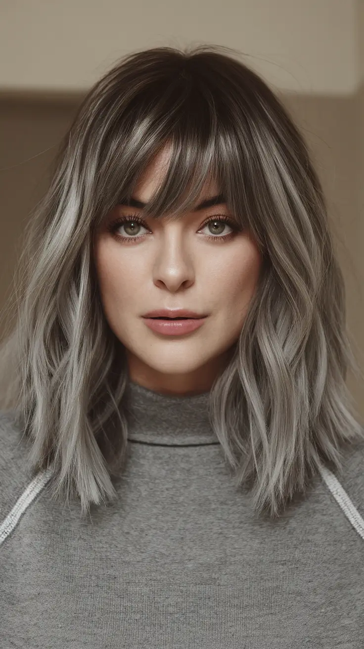 winter hair colors for brunettes with highlights Textured Lob with Smoky Gray Highlights
