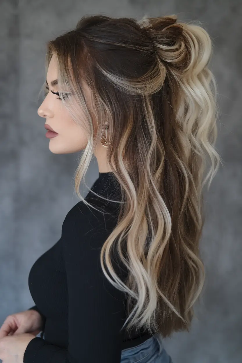 brown hair colors with highlights winter Half-Up Brunette with Caramel Highlights