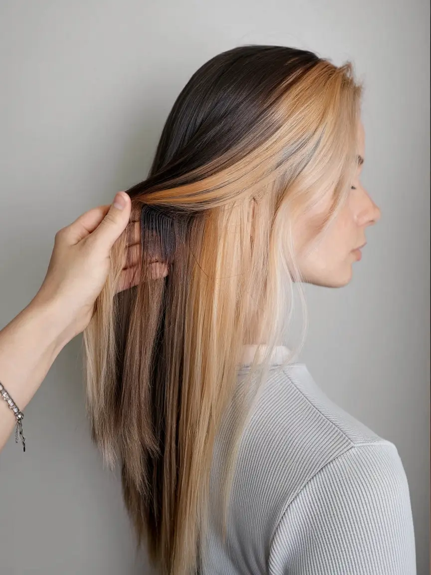 winter hair colors for brunettes highlights Golden Chunky Highlights on Straight Hair