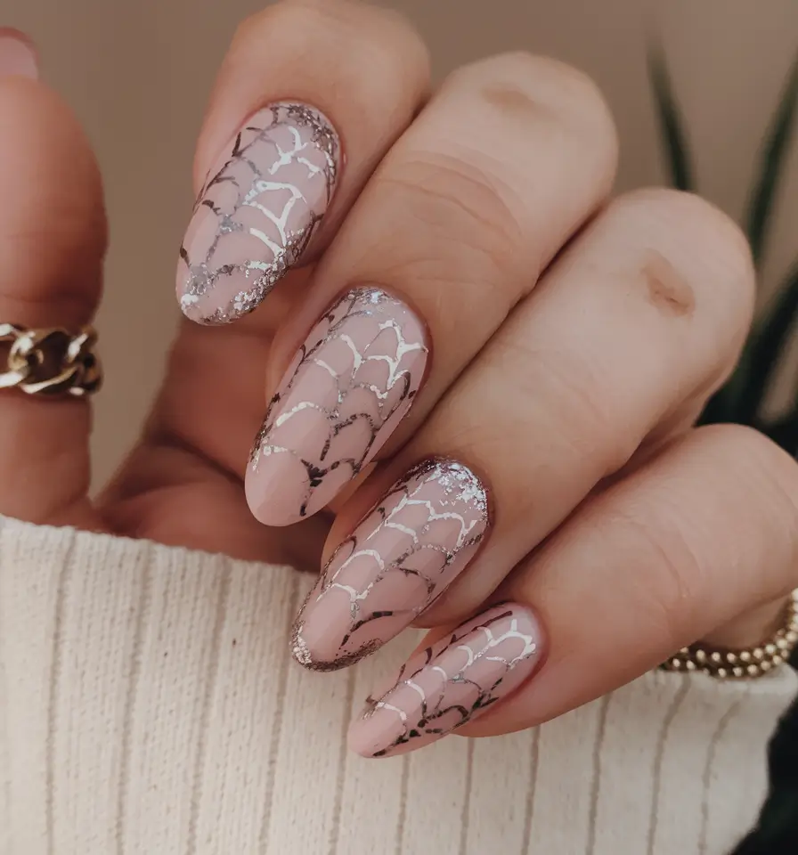 october nails halloween acrylic designs Glitter Webs on Sheer Nude